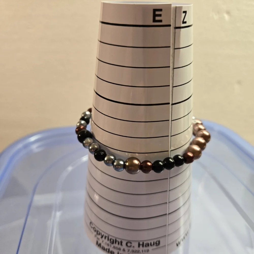 Hand Crafted Men's Black, Brown, Silver, and Copper Stretch Bracelet - Picture 8 of 8